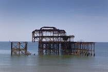 England, East Sussex, Brighton, Steel ruins of the former West Pier on the seafront.
