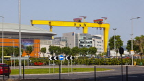 Ireland, North, Belfast, Queens Quay, SSE Arena and Harland & Wolff Samon & Goliath cranes.