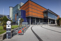 Ireland, North, Belfast, Queens Quay, SSE Arena, Rental bike station.