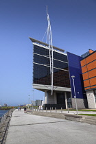 Ireland, North, Belfast, Queens Quay, SSE Arena with Titanic visitor centre in the background.