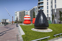 Ireland, North, Belfast, Titanic Quarter, Visitor centre designed by Civic Arts & Eric R Kuhne with steel Buoys.
