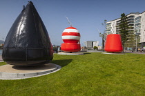 Ireland, North, Belfast, Titanic Quarter, Visitor centre designed by Civic Arts & Eric R Kuhne with steel Buoys.