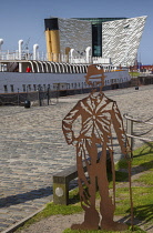 Ireland, North, Belfast, Titanic quarter visitor attraction seen from the SS Nomadic tender with Charlie Chaplin cut out.