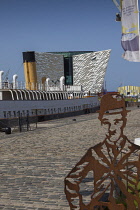 Ireland, North, Belfast, Titanic quarter visitor attraction seen from the SS Nomadic tender with Charlie Chaplin cut out.