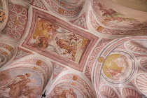 Slovenia, Upper Carniola, Bled, Bled Castle, The Gothic Chapel interior, frescoes on the ceiling and walls.