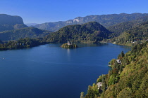 Slovenia, Upper Carniola, Bled, View of Lake Bled and Bled Island from Bled Castle.