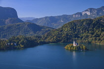 Slovenia, Upper Carniola, Bled, View of Lake Bled and Bled Island from Bled Castle.