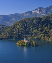 Slovenia, Upper Carniola, Bled, View of Lake Bled and Bled Island from Bled Castle.