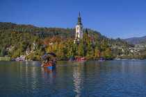 Slovenia, Upper Carniola, Bled, Gondola Pletna on Lake Bled ferrying tourists from Bled Island with the tower of the Church of the Annunciation and other pletnas visible in the background.