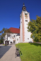 Slovenia, Upper Carniola, Bled, Bled Island, Full view of  the Church of the Assumption.