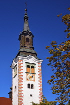 Slovenia, Upper Carniola, Bled, Bled Island, View of the Church of the Assumption's clock tower.