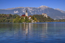 Slovenia, Upper Carniola, Bled, Bled Island and the Church of the Annunciation from the lake shore with Bled Castle in the background.