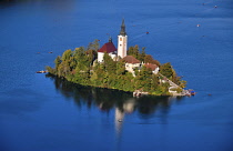 Slovenia, Upper Carniola, Bled, Lake Bled and Bled Island from the Osojnica Viewpoint.
