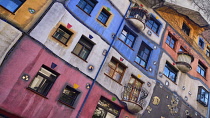 Austria, Vienna, the colourful Hundertwasserhaus  apartment block, built from the idea and concept of Austrian artist Friedensreich Hundertwasser with architect Joseph Krawina as a co-creator.