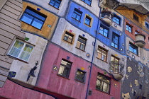 Austria, Vienna, the colourful Hundertwasserhaus  apartment block, built from the idea and concept of Austrian artist Friedensreich Hundertwasser with architect Joseph Krawina as a co-creator.