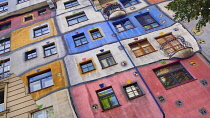 Austria, Vienna, the colourful Hundertwasserhaus  apartment block, built from the idea and concept of Austrian artist Friedensreich Hundertwasser with architect Joseph Krawina as a co-creator.