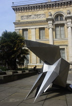 England, Oxford, Ashmolean Museum entrance with Lynn Chadwick sulpture, ' Howling Beast'.