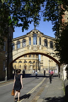England, Oxford, Bridge of Sighs and street scene with tree framing.
