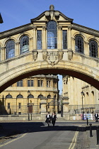 England, Oxford, Bridge of Sighs and street scene with students.