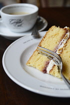 England, Oxford, The Grand Cafe, afternoon tea with Victoria sponge cake.