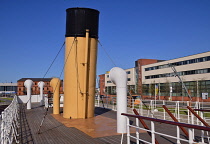 Ireland, County Antrim, Belfast, Titanic Quarter, Funnels of the restored SS Nomadic a former tender for the White Star Line shipping company  that was once used to transfer mail and passengers to and...