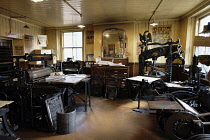 England, County Durham, Beamish, Interior of Print shop, Museum newspaper print shop including trays of Linotype, Off-Set Litho press, Platern Press and other equipment and printing plates typical of...