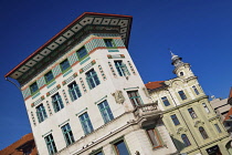 Slovenia, Ljubljana, Preseren Square, Hauptmann House, Early 20th century building in Secessionist or Art Nouveau style.