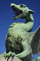 Slovenia, Ljubljana, Dragon Bridge, One of the dragon statues.
