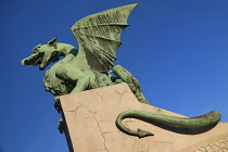 Slovenia, Ljubljana, Dragon Bridge, One of the dragon statues.