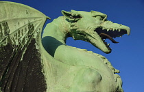 Slovenia, Ljubljana, Dragon Bridge, One of the dragon statues.