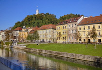 Slovenia, Ljubljana, Ljubljana Castle towers over the Old Town and the Ljubljanica River.