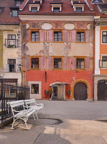 Slovenia, Upper Carniola, Skofja Loka, Mestni trg Square, 17th century frescoes on former town hall.
