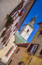 Slovenia, Upper Carniola, Skofja Loka, Tower of the Parish Church of St James viewed from Mestni trg.