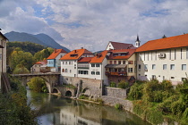 Slovenia, Upper Carniola, Skofja Loka, The Capuchin Bridge over the  Selska Sora River.