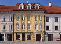 Slovenia, Upper Carniola, Kranj, Colourful facade on Glavni trg which is the Old Towns main square.