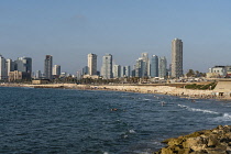 Israel, Jaffa, The beaches and modern development on the Mediterranean Sea.