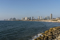 Israel, Jaffa, The beaches and modern development on the Mediterranean Sea.