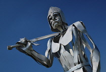 Ireland, County Roscommon, Ballaghaderreen by pass, The Gallowglass Warrior sculpture.