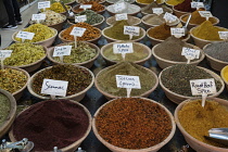 Israel, Jerusalem, Spices and seasonings for sale in a shop in the Christian Quarter of the Old City a UNESCO World Heritage Site.