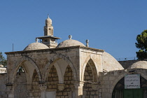 Israel, Jerusalem, Buildings on the north end of the Temple Mount or al-Haram ash-Sharif with the Minaret al-Ghawanima in the Muslim Quarter of the Old City of Jerusalem behind. The Old City of Jerusa...