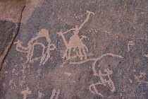 Jordan, Wadi Rum Protected Area, Ancient rock art depicting a camel caravan in Khaz'ali Canyon in the Wadi Rum Protected Area, a UNESCO World Heritage Site. The petroglyphs are of Thamudic origin and...