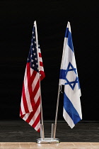 Israel, Netanya, An Israeli and a U.S. flag displayed together as a symbol of friendship and international cooperation between the two countries.