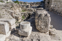 Israel, Jerusalem, Jerusalem Archeological Park, Ruins of ancient Jerusalem below the western wall of the Temple Mount or al-Haram ash-Sharif. Jerusalem Archeological Park. The Old City of Jerusalem a...