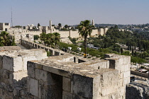 Israel, Jerusalem, Armenian Quarter, The city wall of Jerusalem near the Jaffa Gate with the minaret of the Tower of David or the Citadel in the center. At right is the bell tower of the Dormition Abb...