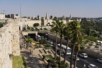 Israel, Jerusalem, Armenian Quarter, The city wall of Jerusalem near the Jaffa Gate with the minaret of the Tower of David or the Citadel in the center. At right is the church and bell tower of the Do...
