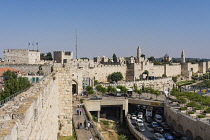 Israel, Jerusalem, Armenian Quarter, The city wall of Jerusalem near the Jaffa Gate with the Tower of Phasael at left and the minaret of the Tower of David or the Citadel in the center. At right is th...