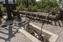 Israel, Jerusalem, BYU Center, A reproduction of an ancient lever based press for extracting olive oil on display at the Jerusalem Center for Near Eastern Studies of Brigham Young University on the Mo...