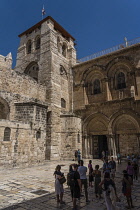 Israel, Jerusalem, The 12th Century Crusader bell tower and the facade of the Church of the Holy Sepulchre in the Christian Quarter. The Old City of Jerusalem and its Walls is a UNESCO World Heritage...