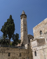 Israel, Jerusalem, The minaret of the Mosque of Omar, located next to the courtyard of the Church of the Holy Sepulchre in the Christian Quarter. The Old City of Jerusalem and its Walls is a UNESCO Wo...