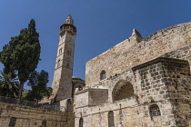Israel, Jerusalem, The minaret of the Mosque of Omar, located next to the Church of the Holy Sepulchre. at right, in the Christian Quarter. The Old City of Jerusalem and its Walls is a UNESCO World He...